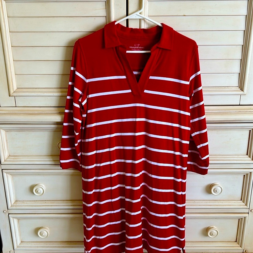 Vineyard Vines Shirt Dress Womans Sz S Red White‎ Striped Long Sleeve Pima Blend